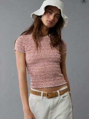 American Eagle Outfitters Red & White Smocked Short Sleeve Top